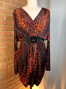 Hemline Leopard Print Draped Mini Dress Belted Y2K Glam Red Black POCKETS Small